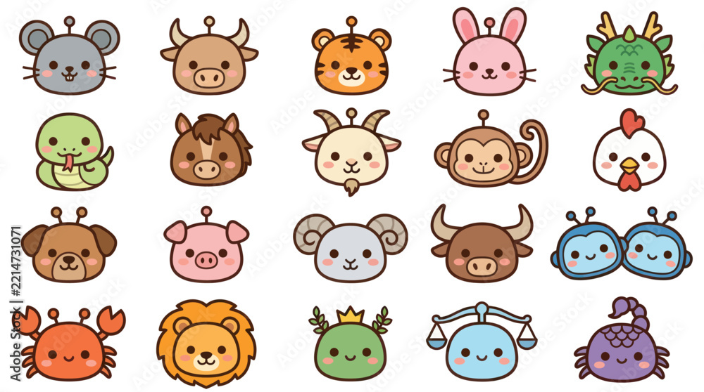 Obraz premium Cute animal zodiac icons collection