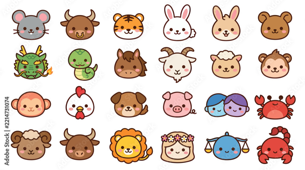 Fototapeta premium Cute animal zodiac icons collection