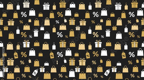 Seamless Black Friday Shopping Pattern With Gold and White Gift Boxes Bags and Percent Signs on Dark Background
