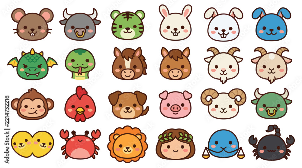 Fototapeta premium Cute animal zodiac icons set