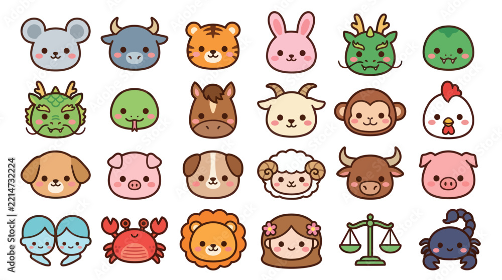 Obraz premium Cute animal zodiac icons set