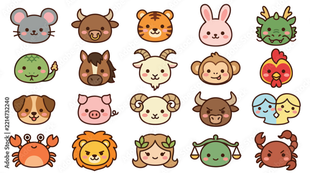 Fototapeta premium Cute animal zodiac icons set