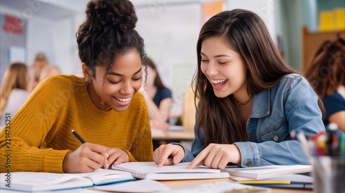 Teenage girls studying together in classroom. Diverse students collaborating on school project during lesson.