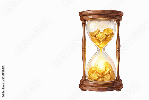 Golden Hourglass With Coins For Wealth Timing.