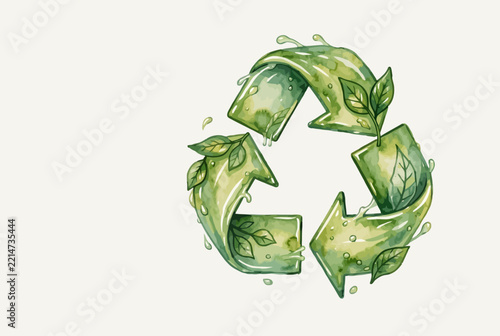 Green Leaf Recycle Symbol Watercolor Art.