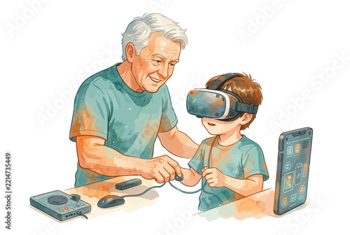 Grandfather Guiding Child with VR Headset.