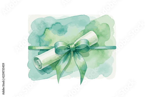 Green Ribbon Wrapped Certificate Watercolor Art.