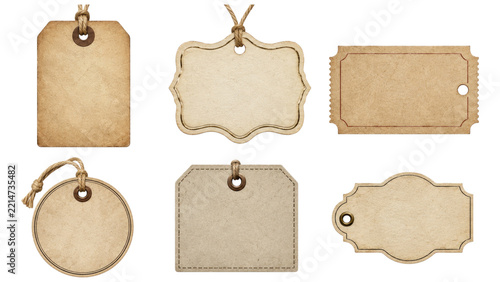 Set of six blank vintage kraft paper tags in various shapes with strings and eyelets, textured aged look ideal for gifts, pricing, craft projects, labels and packaging