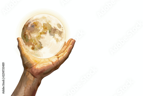 Hand Holding Glowing Moon Sphere.