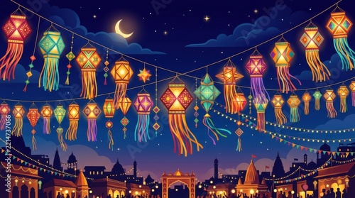 Colorful traditional hanging lanterns lighting up the night sky during festival celebration