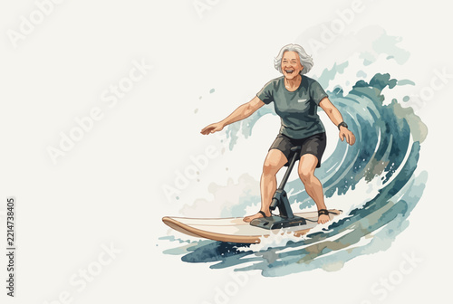 Watercolor Surfer Riding Powerful Ocean Wave.