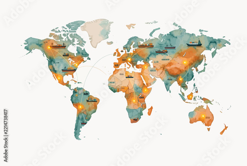 Watercolor World Map Illustration.