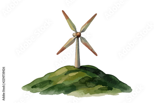 Watercolor Wind Turbine On Green Hill.