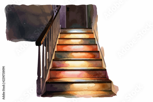 Wooden Staircase with Warm Step Lighting.