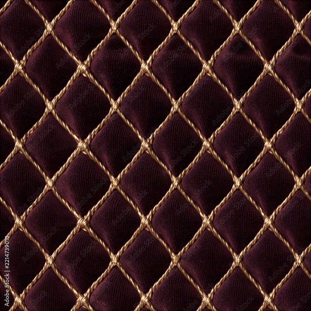 Fototapeta premium Seamless pattern burgundy velvet fabric featuring a luxurious quilted diamond pattern with golden rope details, emphasizing texture and opulence