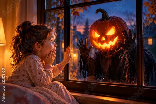 A frightened and surprised girl looks out the window at a glowing pumpkin monster on Halloween outside the window, eerie surprise, childish fear and playful festive horror on an autumn evening