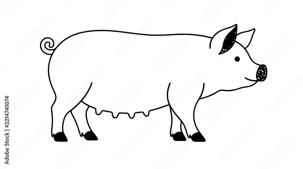 Obraz premium Color illustration of a domestic sow standing in right-facing profile with pink body visible teats curly tail upright ears snout and hooves outlined with medium black lines in centered portrayal