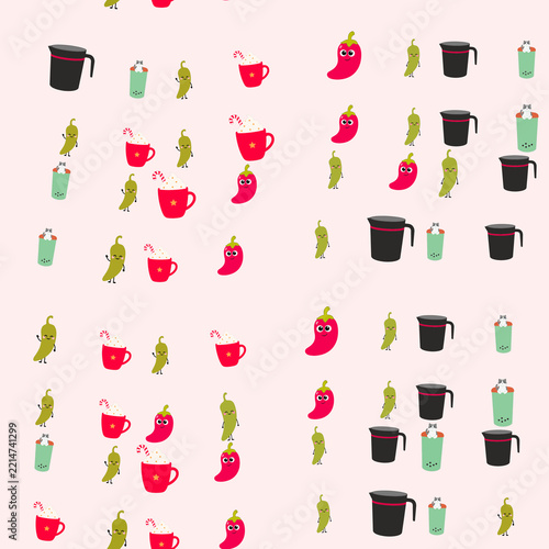Cute Cartoon Chili Peppers and Drinks Pattern