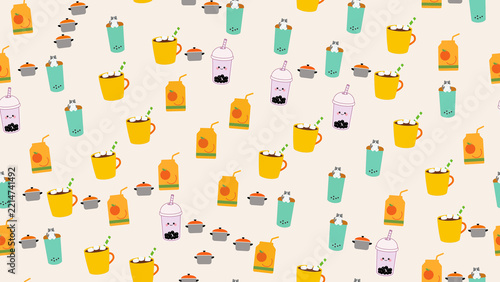 Cute cartoon drinks and cats seamless pattern