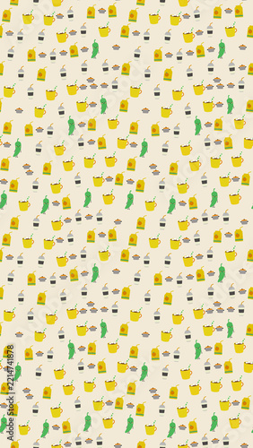 Seamless pattern of cartoon drinks and chili peppers