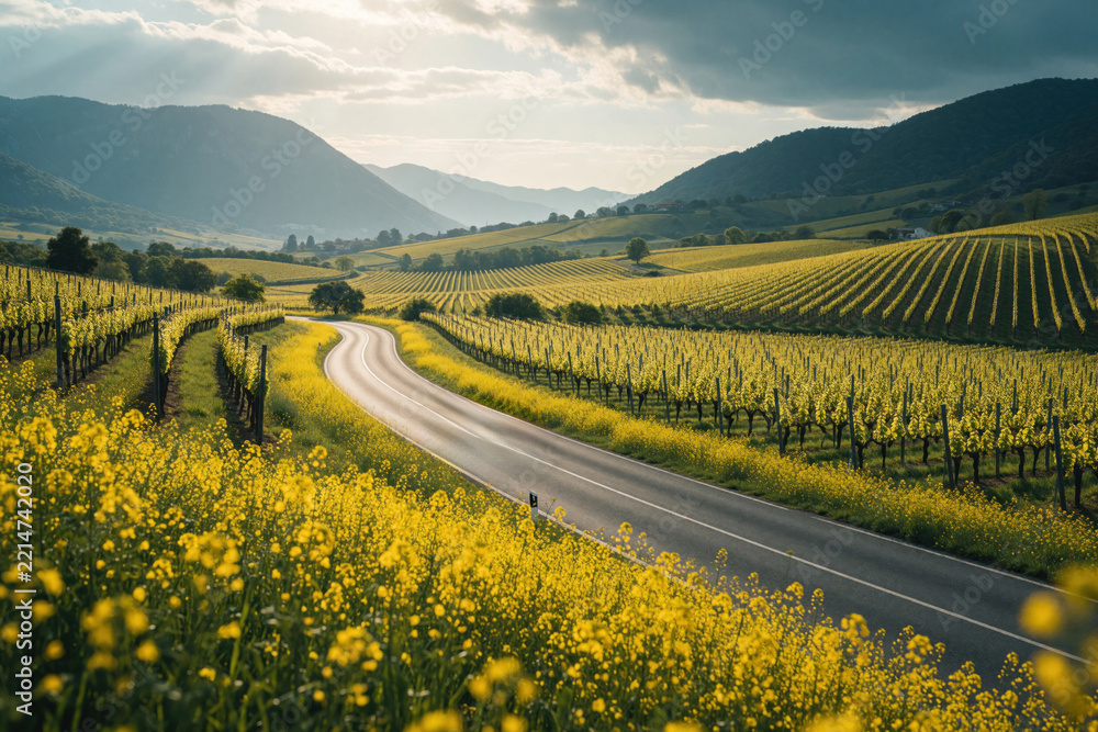 Fototapeta premium Car drives on winding asphalt road through yellow vineyard field. Scenic landscape with rows of grapevines, green hills under cloudy sky. Rural countryside view during spring summer travel journey in