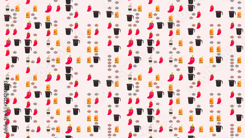 Seamless pattern with chili peppers, jars, and cups