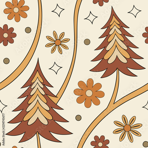 Retro Christmas pattern with groovy 70s trees and daisies seamless