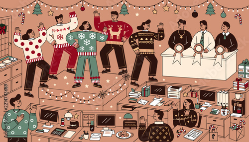 Ugly sweater party contest in the office with judges and rosettes