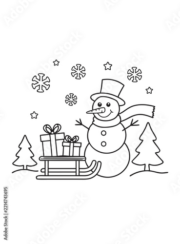 Snowman coloring page for kids with sled, presents and trees