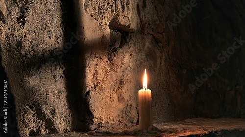 Glowing candle flame casts deep shadows on rough stone wall, creating a mysterious and ancient atmosphere