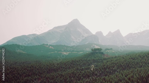 Majestic mountains tower over vast green forests, creating a serene landscape. Wisps of clouds drift lazily across the sky, casting gentle shadows on the wilderness.