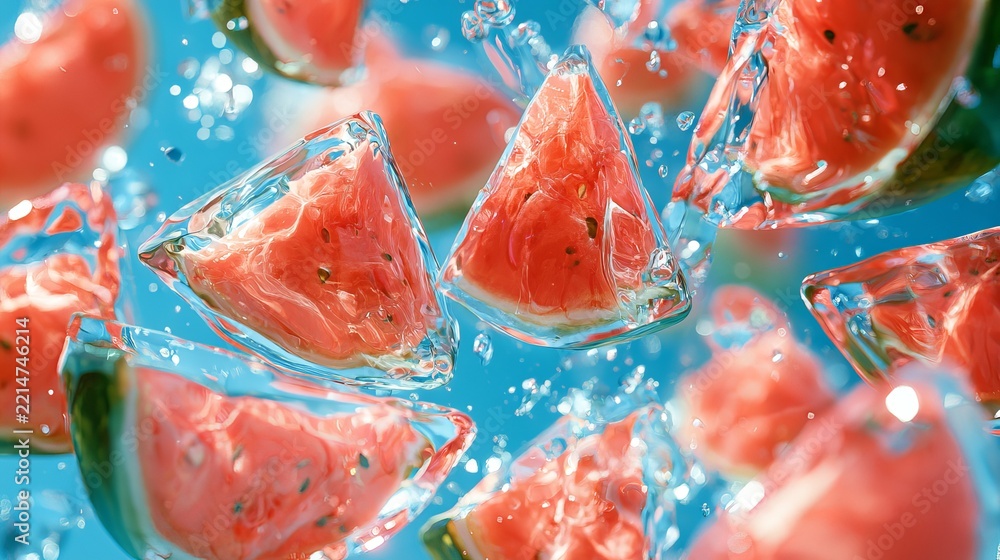Naklejka premium Vivid watermelon slices suspended in bright blue water, showcasing refreshing summer sweetness, a delectable culinary delight