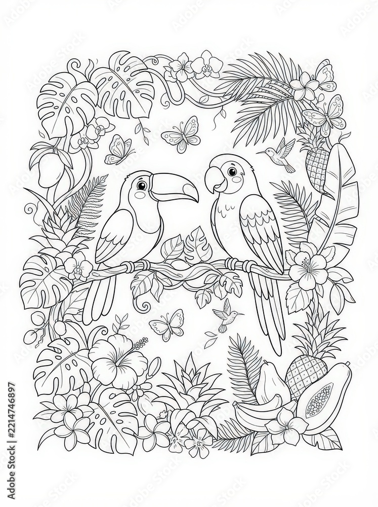 Fototapeta premium Coloring page of a toucan and a parrot sitting on a branch surrounded by tropical leaves, exotic flowers, butterflies, hummingbirds, and juicy fruits isolated on white background