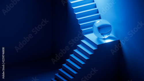 Modern blue staircase with a transparent glass sphere in a dark interior. Minimal abstract image for architecture, luxury, and creative branding. 3D render illustration.