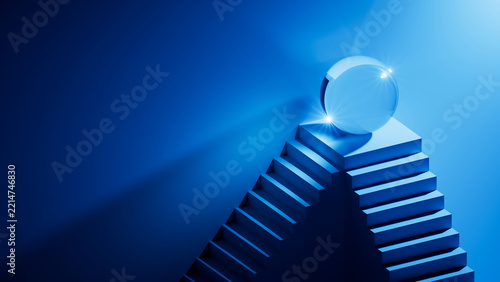 Glass sphere balanced on blue stairs in a clean geometric interior. Elegant modern image for architecture, luxury branding, and minimalist design. 3D render illustration.