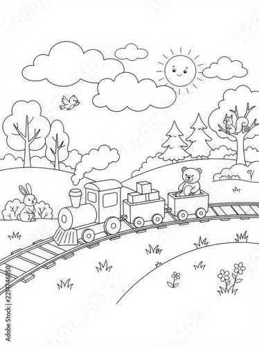 A coloring page featuring a cheerful cartoon train chugging along a track through a whimsical landscape with animals and sunshine