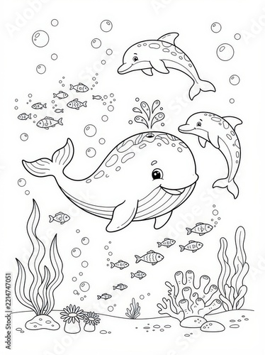 A joyful whale, two playful dolphins, and numerous small fish swimming gracefully among bubbles and sea plants in a vibrant underwater ocean scene isolated on white background
