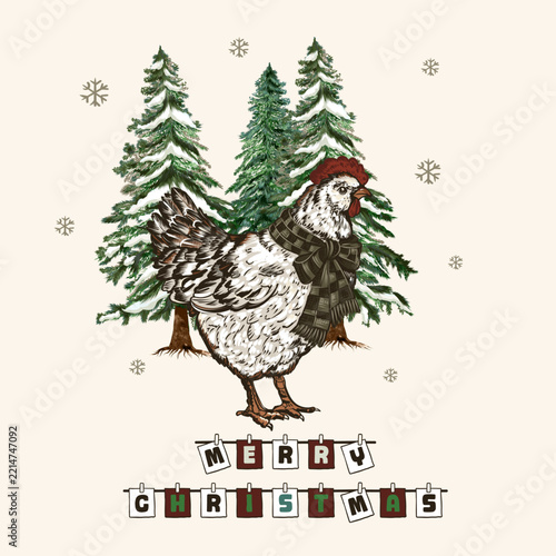 Christmas vector graphic card with cute chicken hen and trees