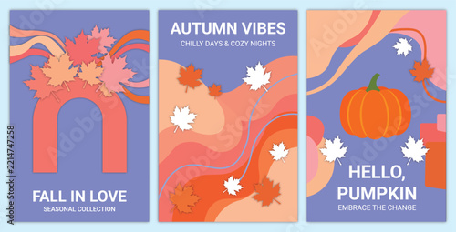 Autumn poster collection with pumpkins leaves seasonal colors and cozy fall vibes