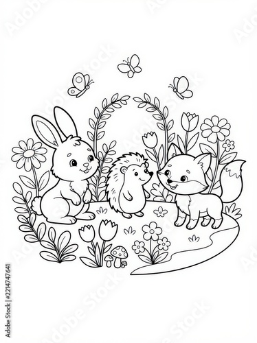 Cute animals in a magical forest coloring page isolated on white background