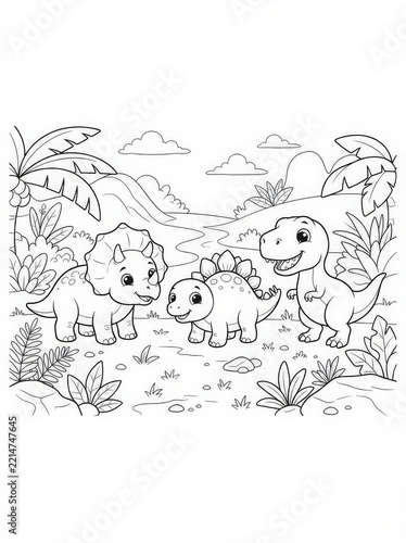 A coloring page featuring three cute dinosaurs in a prehistoric landscape with palm trees and clouds