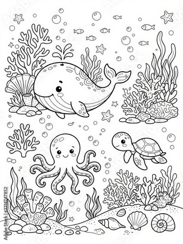 Cute sea animals coloring page featuring a whale, octopus, and turtle surrounded by coral and bubbles isolated on white background
