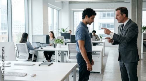 Manager scolding employee in modern office, colleagues look away; conveying workplace conflict and stress.