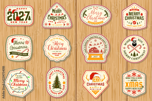 Vintage Christmas and New Year Sticker Collection with Festive Typography, Santa Hats, Christmas Trees, Reindeer, Candy Canes, Snowflakes and Retro Holiday Badge Designs for 2027