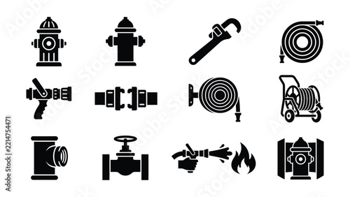 Firefighting equipment icons set with transparent background for various uses