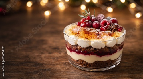 A festive dessert parfait, layered with creamy custard, berry compote, and crumbled chocolate, is topped with fresh raspberries and cranberries, garnished with rosemary and star anise.