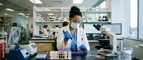 Female scientist conducting research with pipette and test tubes in a modern laboratory setting science technology