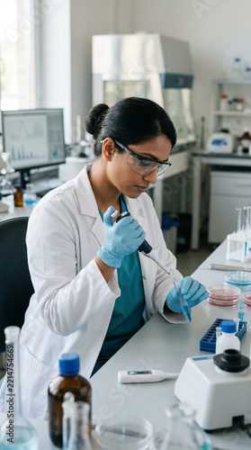 Female Scientist Conducting Research with Pipette in Modern Laboratory