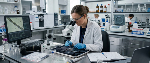 Female scientist examining sample under microscope in modern laboratory scientific research innovation