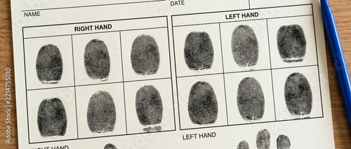 Fingerprint card with ink impressions close up on paper record for identification and security purposes